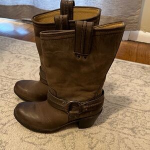Frye Brown Leather Harness Mid-Calf Heeled Boots